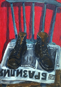 BOOTS ON THE NEWSPAPER / oil on canvas / 81x57 cm / 1994 / in private collection