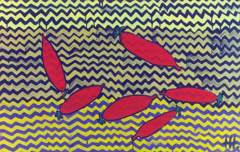 СUCUMBERS ON ZIGZAGS / tempera on canvas / 70x110 cm / 1993 / in private collection